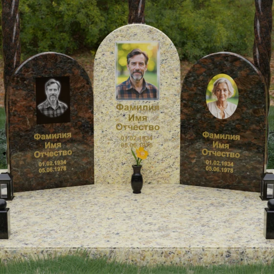 Комбинированный памятник на троих вертикальный в Казани, гранит Дымовский