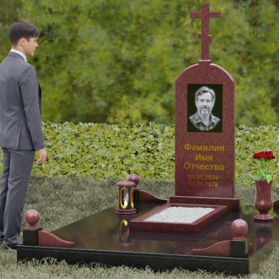 Мемориальная композиция с крестом и аркой, гранит Лезниковский, вид 4