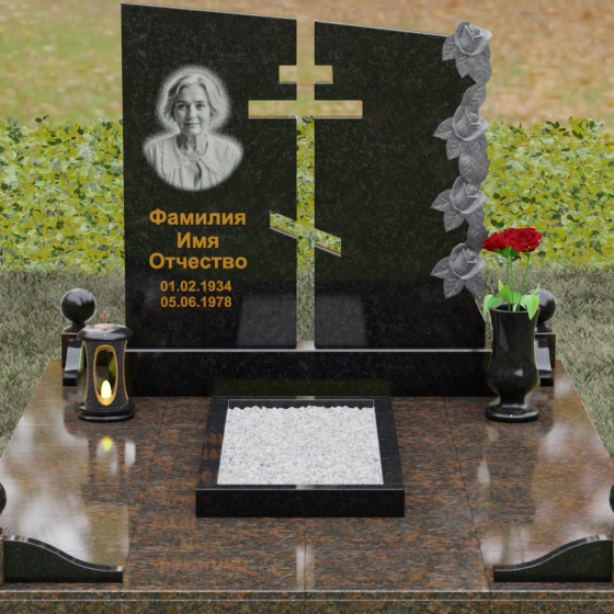 Православный памятник с крестом комбинированный в Калининграде, гранит Габбро-диабаз, вид 2