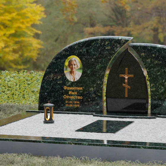 Комбинированный двойной памятник с аркой и крестом, гранит Балтик грин, вид 4, в Санкт-Петербурге