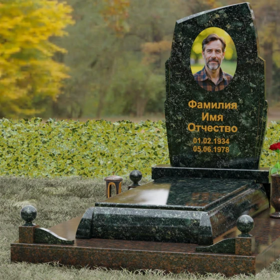 Вертикальный гранитный памятник с диагональным срезом, гранит Балтик грин, вид 4, в Якутске