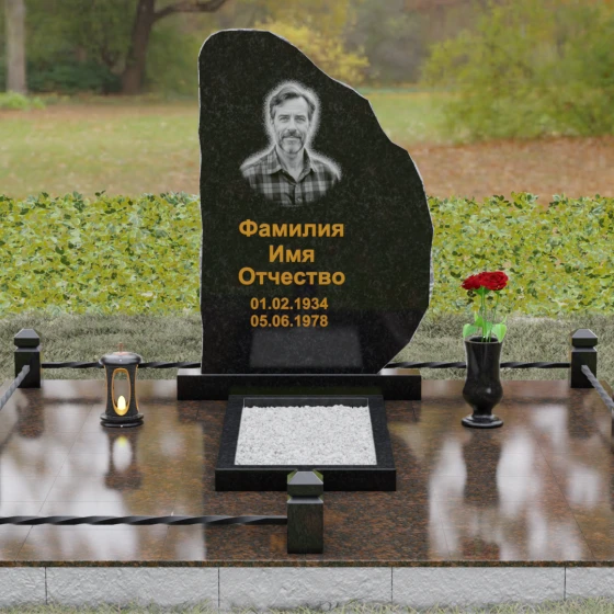 Вертикальный Гранитный памятник сдержанный в Оренбурге, гранит Габбро-диабаз, вид 2