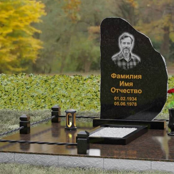 Вертикальный Гранитный памятник сдержанный в Оренбурге, гранит Габбро-диабаз, вид 4