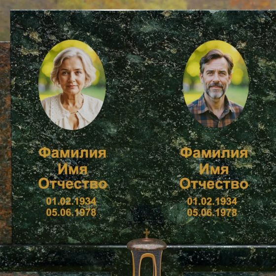 Комбинированный горизонтальный памятник для двоих в Оренбурге, гранит Балтик грин