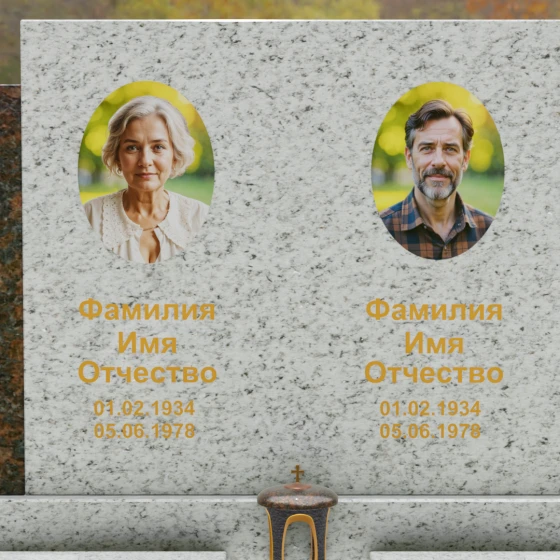Комбинированный горизонтальный памятник для двоих в Оренбурге, гранит Мансуровский