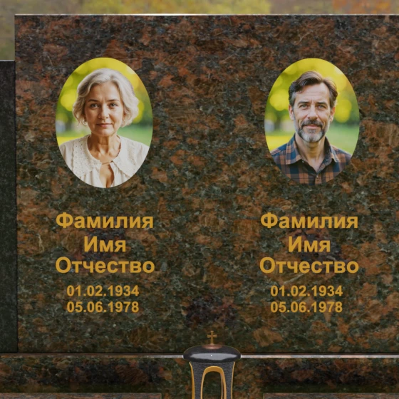 Комбинированный горизонтальный памятник для двоих в Оренбурге, гранит Дымовский