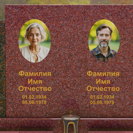 Комбинированный горизонтальный памятник для двоих в Оренбурге, гранит Лезниковский