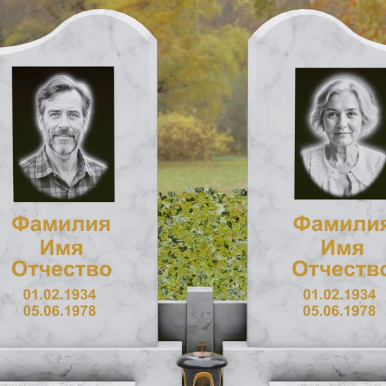Вертикальный гранитный памятник на двоих в Омске, мрамор Тассос