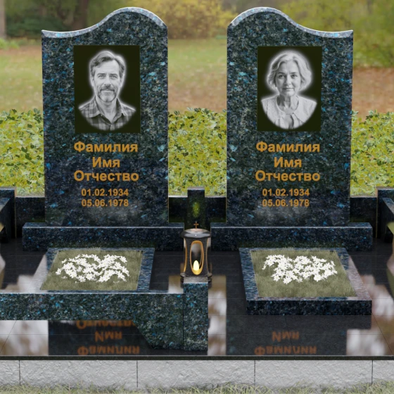 Вертикальный гранитный памятник на двоих в Омске, гранит Блю Перл, вид 2