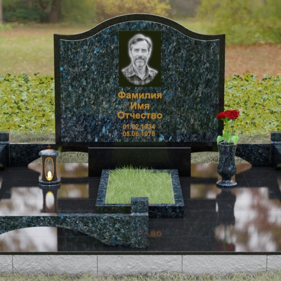 Горизонтальный комбинированный памятник в Казани, гранит Блю Перл, вид 2