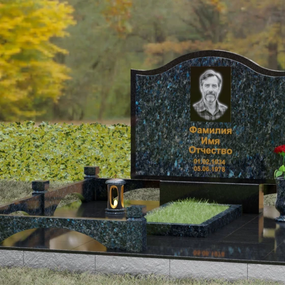 Горизонтальный комбинированный памятник в Казани, гранит Блю Перл, вид 4