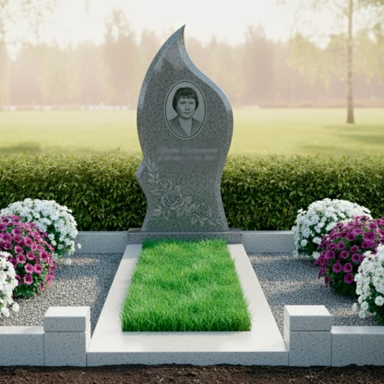 Гранитный памятник «Пламя памяти» с розами, гранит Мансуровский