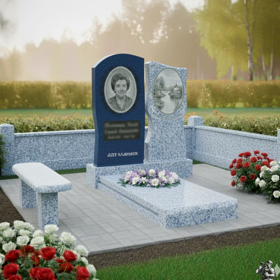 Двойной памятник с пейзажем и орнаментом, гранит Блю Перл, в Москве