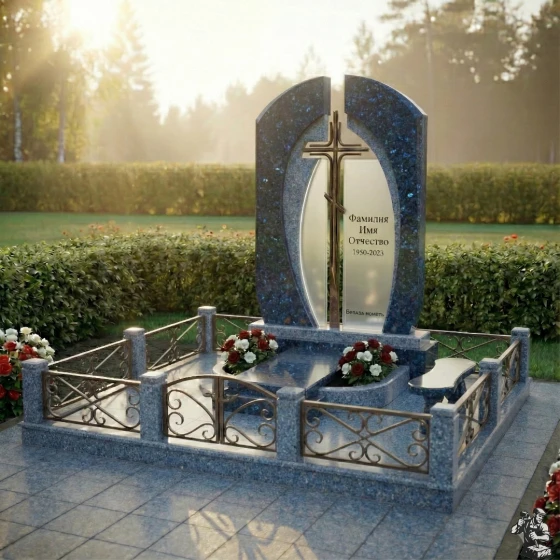 Памятник из гранита, стекла и металла в Оренбурге, гранит Блю Перл