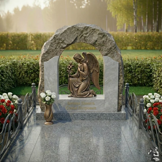 Мемориальная композиция с аркой и бронзовым ангелом, гранит Мансуровский