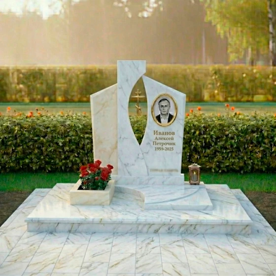 Православный гранитный памятник с крестом в Перми, мрамор Тассос