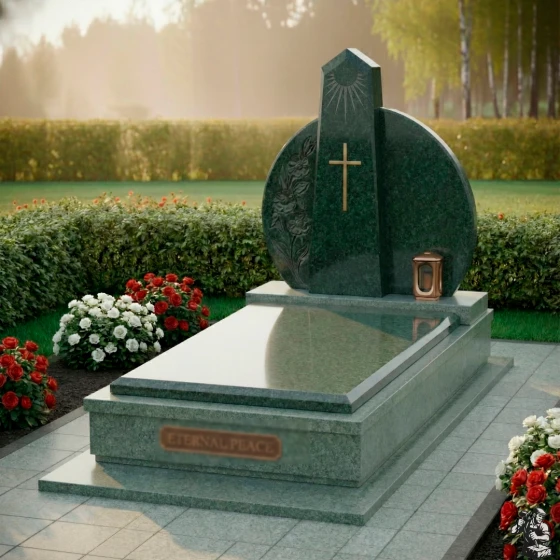 Элитный комбинированный памятник с крестом в Перми, гранит Балтик грин