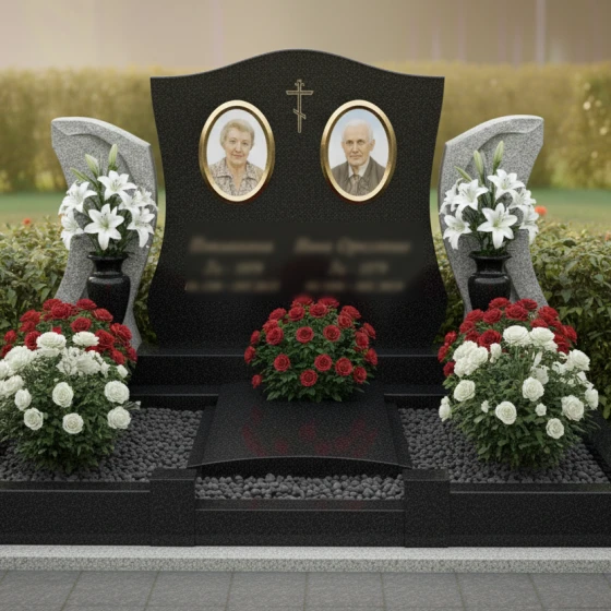 Элитный вертикальный памятник с крестом в Тюмени, гранит Габбро-диабаз