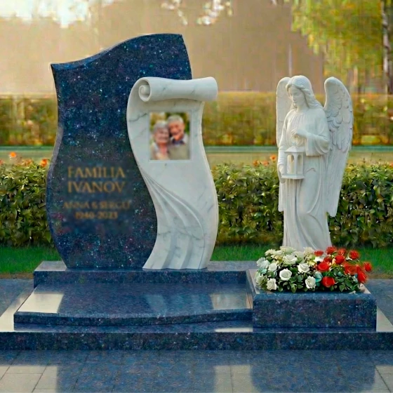 Элитный светский двойной памятник из гранита в Оренбурге, гранит Блю Перл