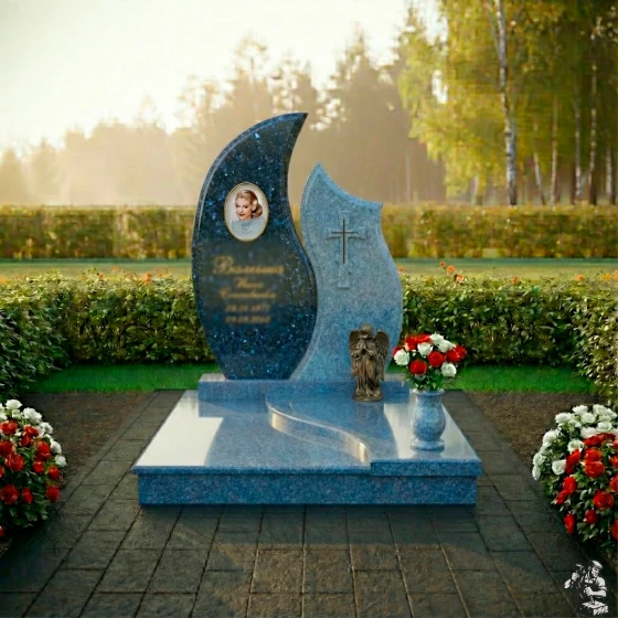 Комбинированный православный вертикальный памятник с крестом в Оренбурге, гранит Блю Перл