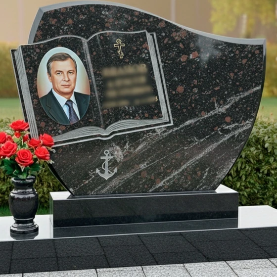 Гранитный мемориал в виде раскрытой книги, гранит амфиболит, в Якутске