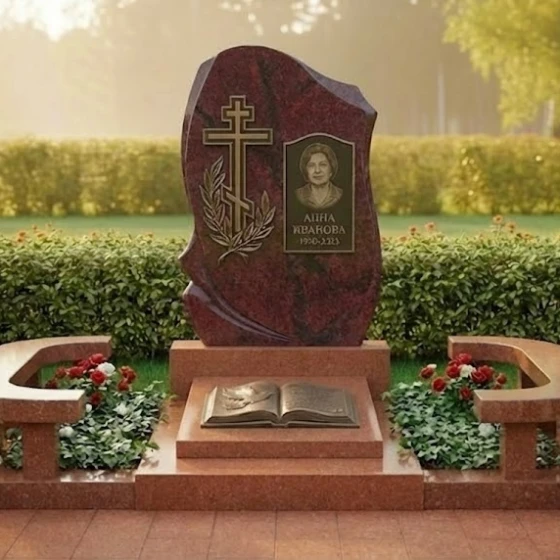 Гранитный мемориальный комплекс с крестом в Оренбурге, гранит Лезниковский