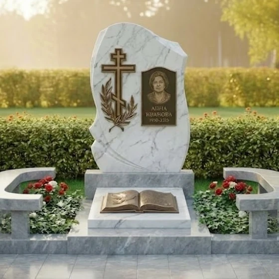 Гранитный мемориальный комплекс с крестом в Оренбурге, мрамор Тассос