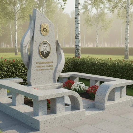 Комбинированный вертикальный памятник без креста в Оренбурге, гранит Мансуровский
