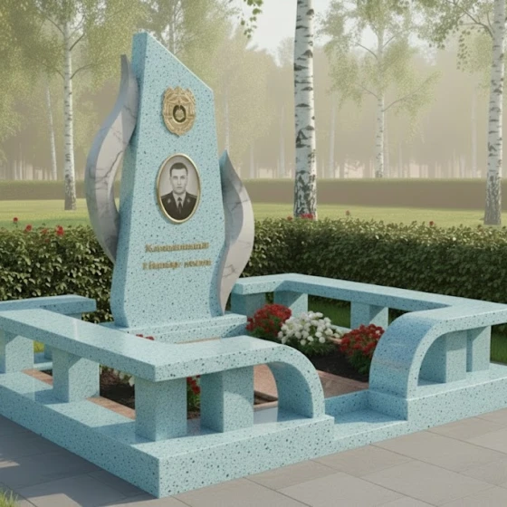 Комбинированный вертикальный памятник без креста в Оренбурге, гранит Блю Перл