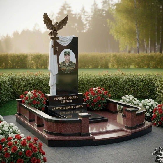 Православный Гранитный памятник с крестом в Оренбурге, гранит Габбро-диабаз