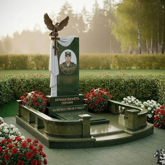 Православный Гранитный памятник с крестом в Оренбурге, гранит Балтик грин