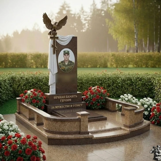 Православный Гранитный памятник с крестом в Оренбурге, гранит Дымовский