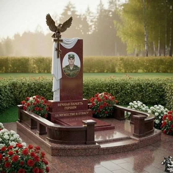 Православный Гранитный памятник с крестом в Оренбурге, гранит Лезниковский