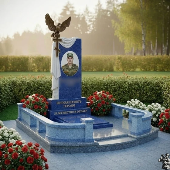 Православный Гранитный памятник с крестом в Оренбурге, гранит Блю Перл
