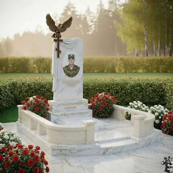 Православный Гранитный памятник с крестом в Оренбурге, мрамор Тассос