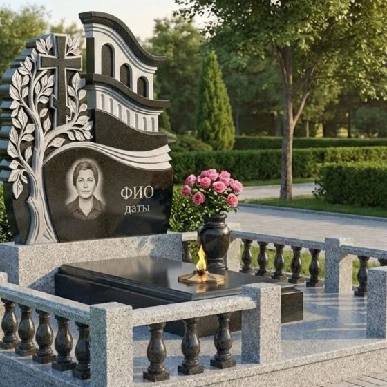 Элитный гранитный православный памятник с крестом в Оренбурге, гранит Габбро-диабаз