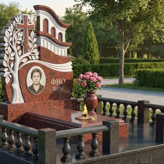 Элитный гранитный православный памятник с крестом в Оренбурге, гранит Лезниковский