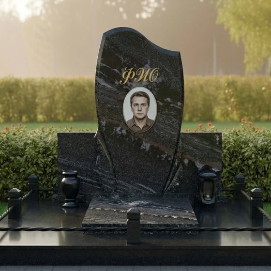 Мемориальная композиция с плавной волной и драпировкой, гранит амфиболит