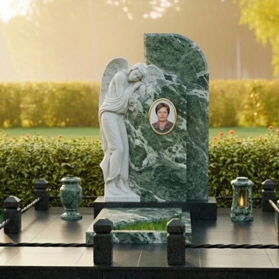 Гранитный памятник с объемным ангелом, гранит Балтик грин