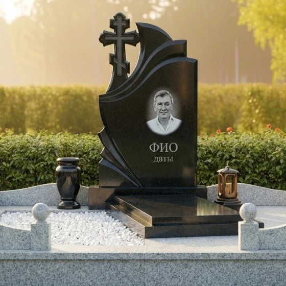 Элитный православный памятник с крестом в Оренбурге, гранит Габбро-диабаз