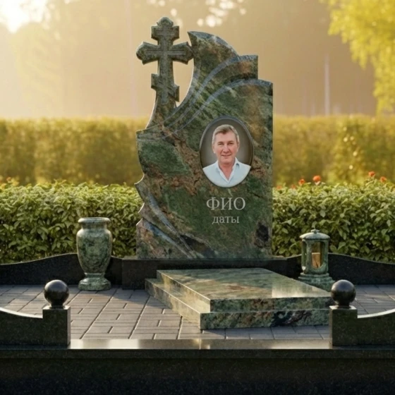 Элитный православный памятник с крестом в Оренбурге, гранит Балтик грин