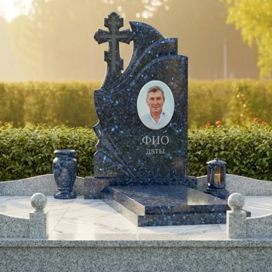 Элитный православный памятник с крестом в Оренбурге, гранит Блю Перл