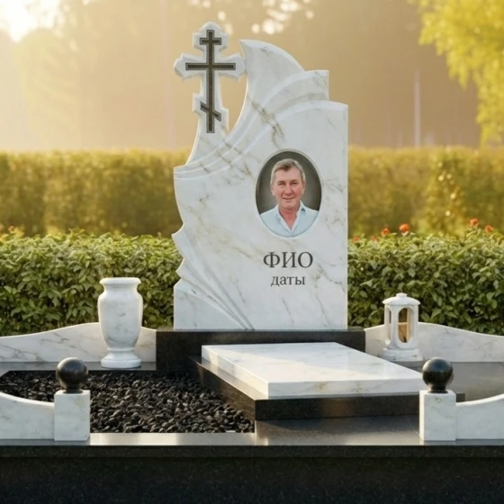 Элитный православный памятник с крестом в Оренбурге, мрамор Тассос