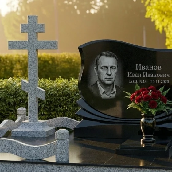 Элитный православный памятник с крестом в Оренбурге, гранит Габбро-диабаз