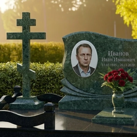 Элитный православный памятник с крестом в Оренбурге, гранит Балтик грин