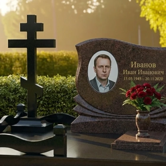 Элитный православный памятник с крестом в Оренбурге, гранит Дымовский