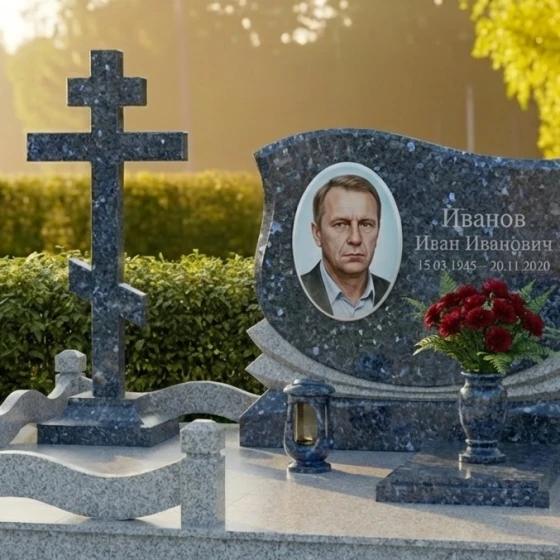 Элитный православный памятник с крестом в Оренбурге, гранит Блю Перл
