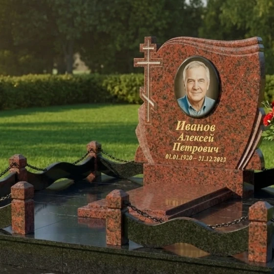 Монумент с крестом и волнообразными гранями, гранит Лезниковский