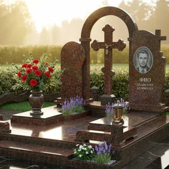 Элитный Гранитный памятник с православным крестом в Перми, гранит Лезниковский