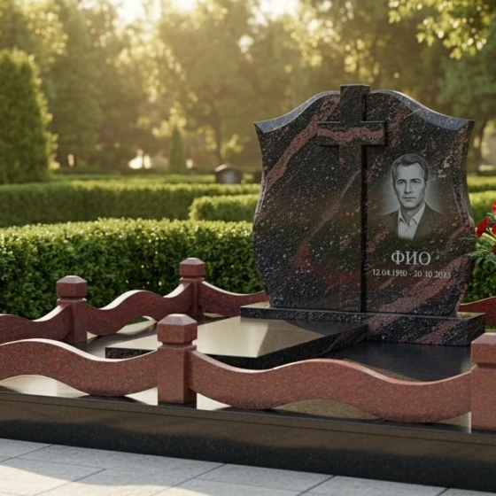 Вертикальный гранитный памятник с крестом для мемориального комплекса в Тюмени, гранит амфиболит